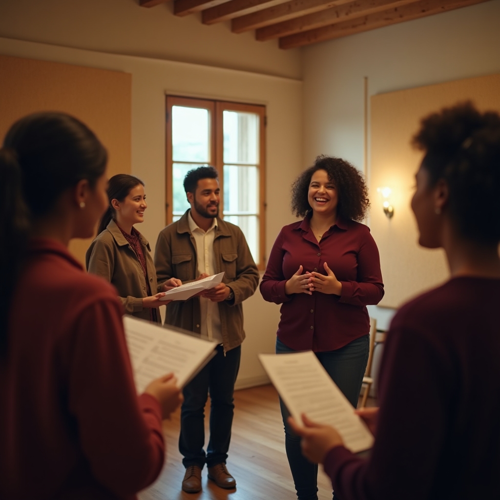 Grup de adulți la curs de canto în sală de muzică